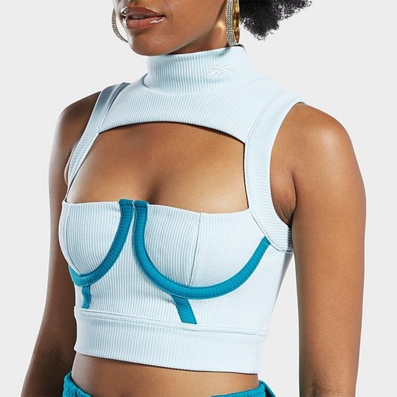 Cardi B x Reebok Ribbed Women's High Neck Underwire Crop Top with Cutout Blue S - Picture 2 of 5